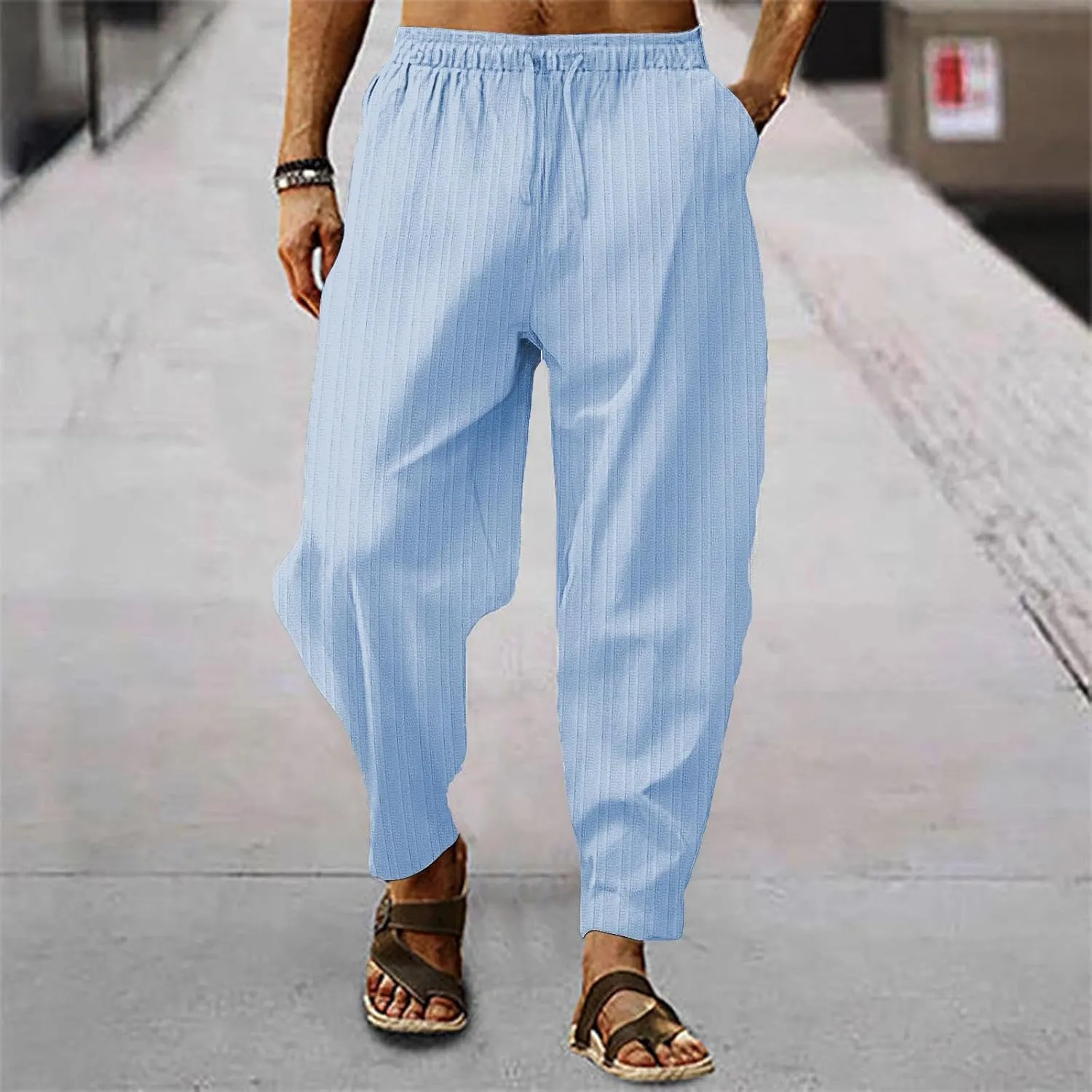 Men's Stripe Harem Pants 2024 Summer Elastic Waist Lounge Beach Trousers Lightweight Casual Hippie Pants with Pockets