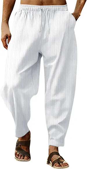 Men's Stripe Harem Pants 2024 Summer Elastic Waist Lounge Beach Trousers Lightweight Casual Hippie Pants with Pockets