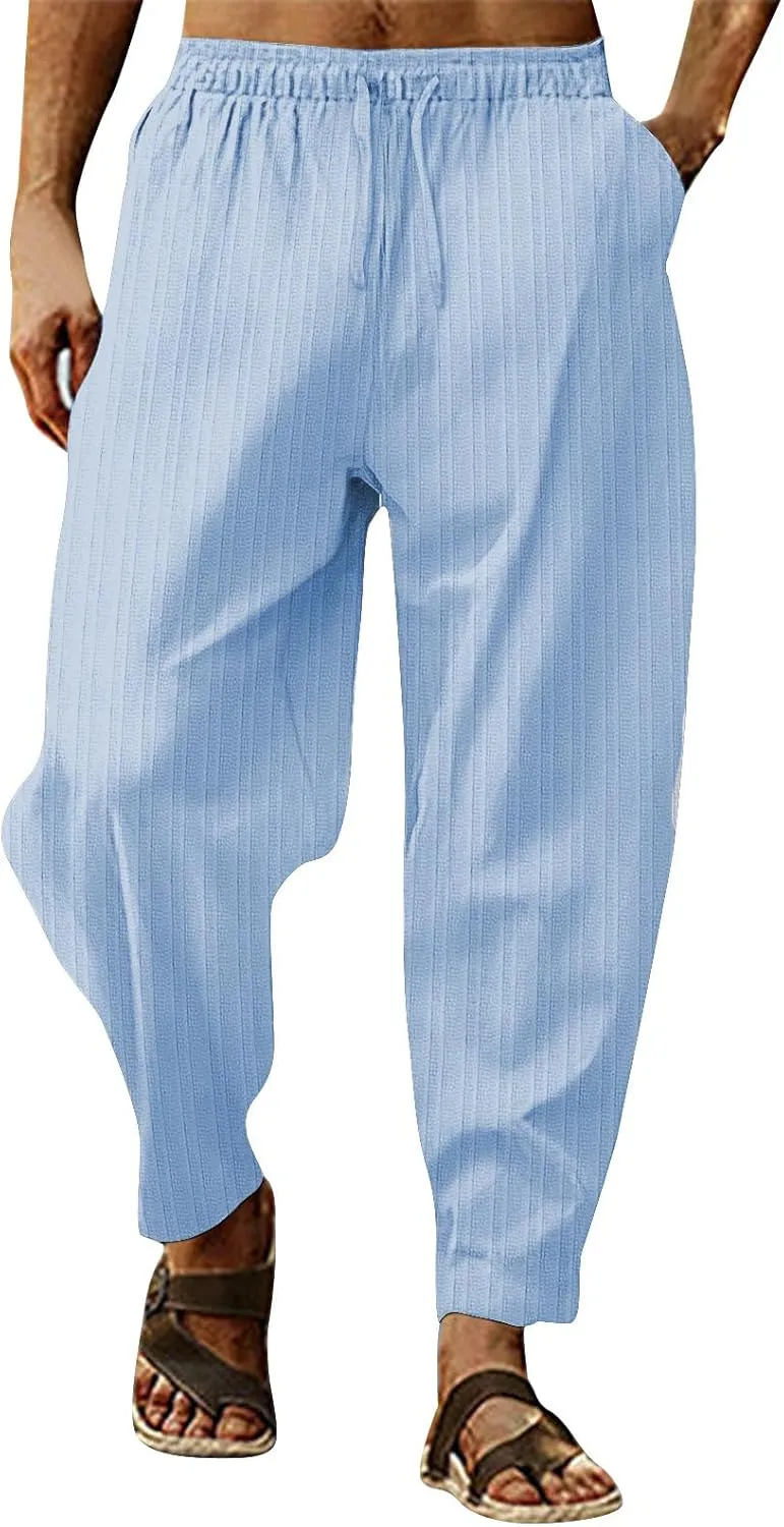 Men's Stripe Harem Pants 2024 Summer Elastic Waist Lounge Beach Trousers Lightweight Casual Hippie Pants with Pockets