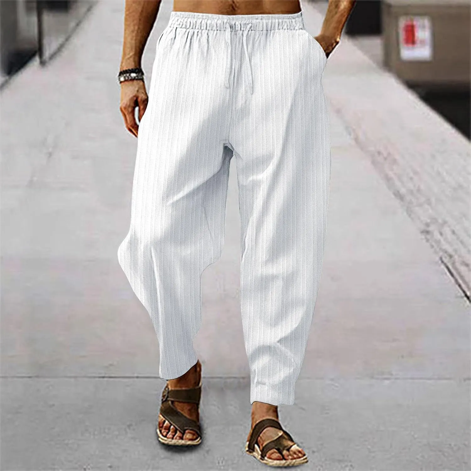 Men's Stripe Harem Pants 2024 Summer Elastic Waist Lounge Beach Trousers Lightweight Casual Hippie Pants with Pockets