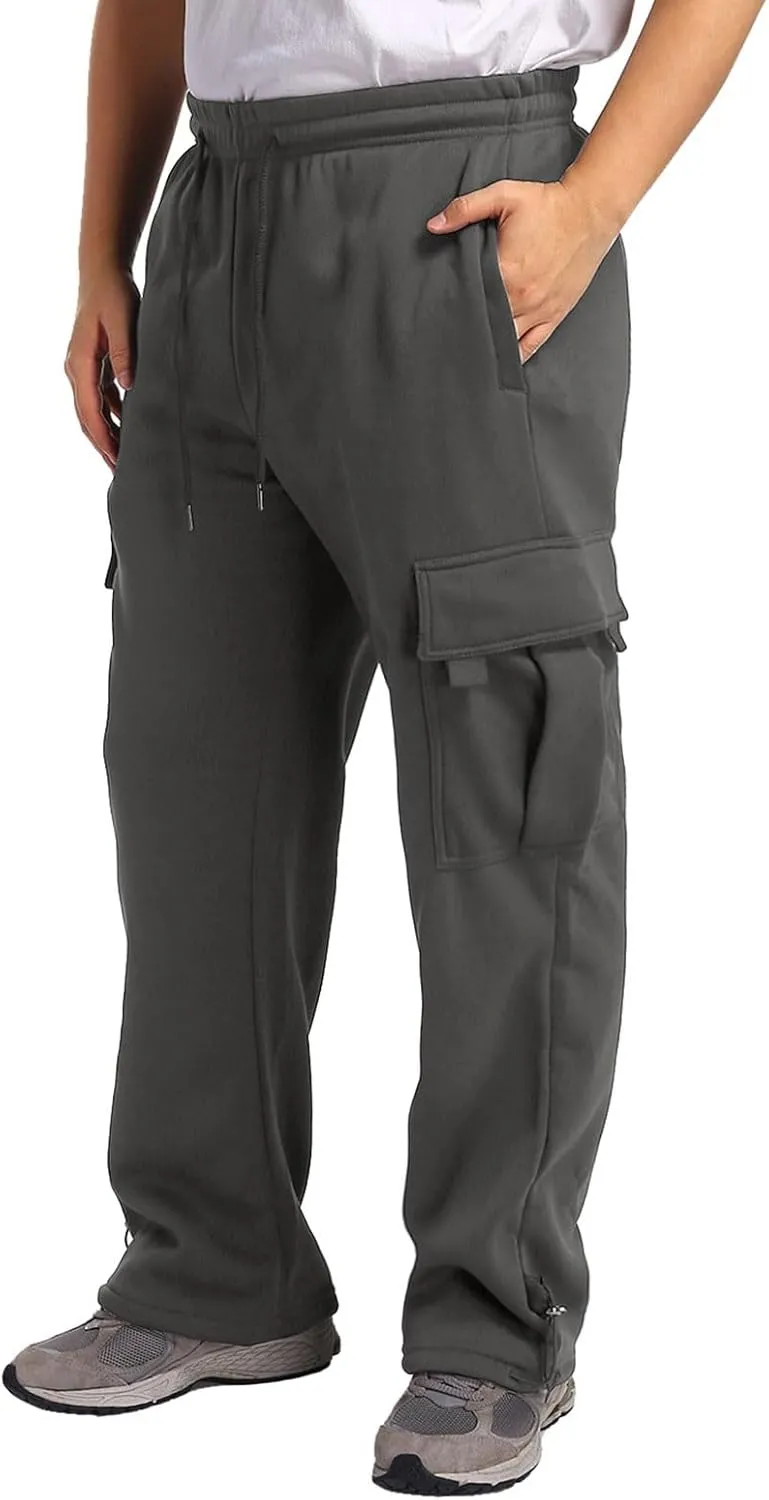 Mens Sweatpants Joggers, Fleece Baggy Sweatpants Cargo Straight Leg Elastic Waist Pants, Casual Drawstring Sweatpants