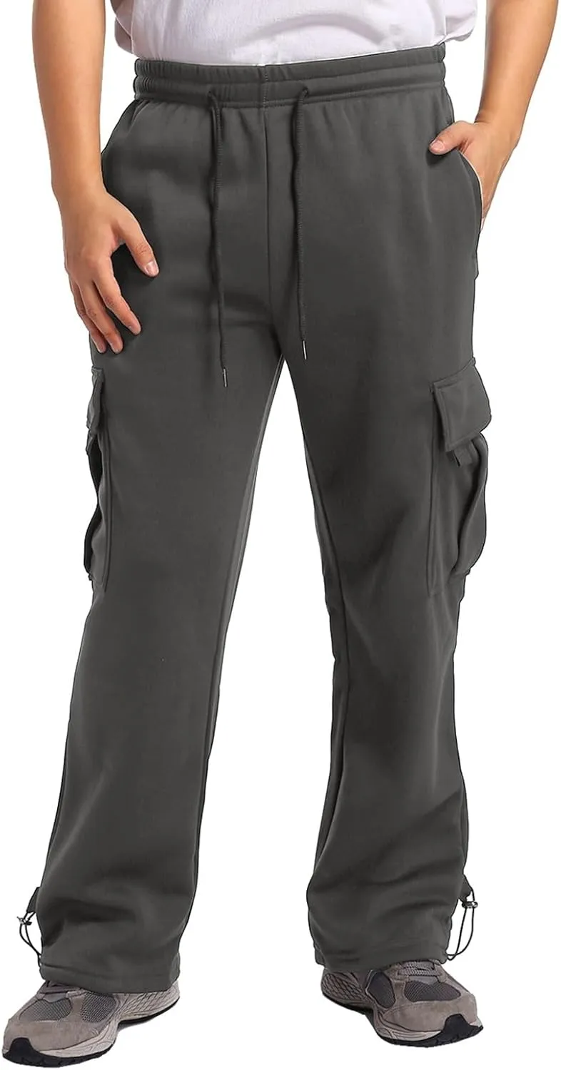 Mens Sweatpants Joggers, Fleece Baggy Sweatpants Cargo Straight Leg Elastic Waist Pants, Casual Drawstring Sweatpants