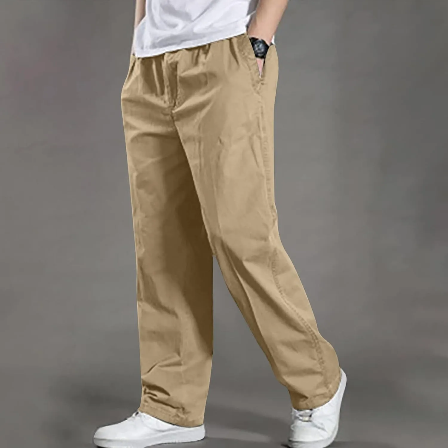 Muscularfit Mens Pants Casual Cotton Solid Straight Hidden Expandable Waist Loose Trousers Fashion Outdoor Sport Sweatpants