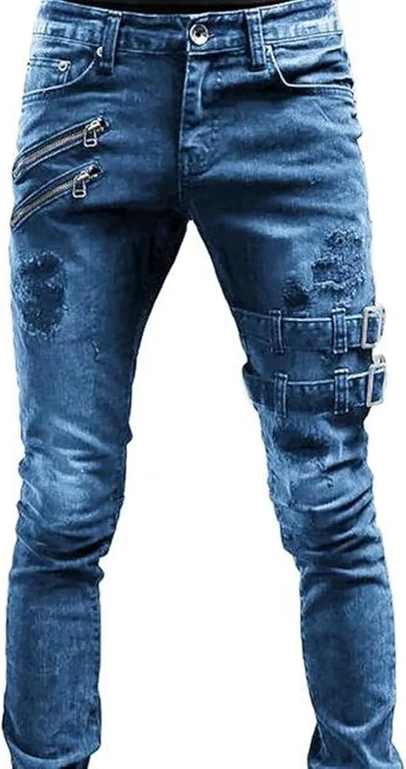 Muscularfit Men's Pants Casual Slim Fit Distressed Straight Legs Fashion Solid Jeans with Broken Hole Trendy Clothes 2023
