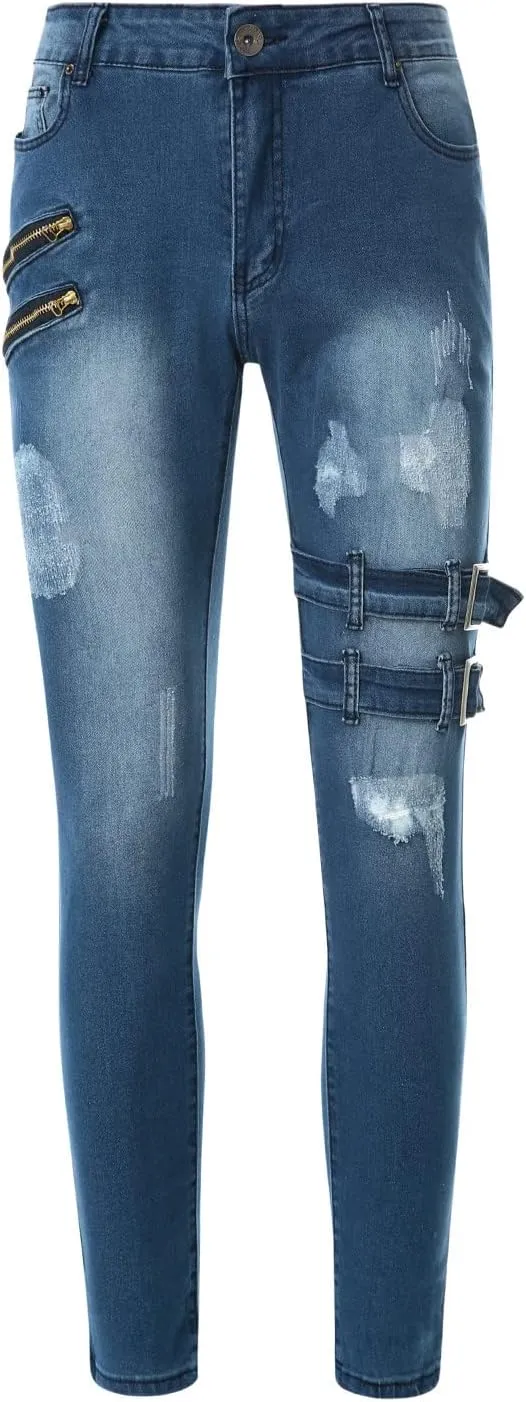 Muscularfit Men's Pants Casual Slim Fit Distressed Straight Legs Fashion Solid Jeans with Broken Hole Trendy Clothes 2023