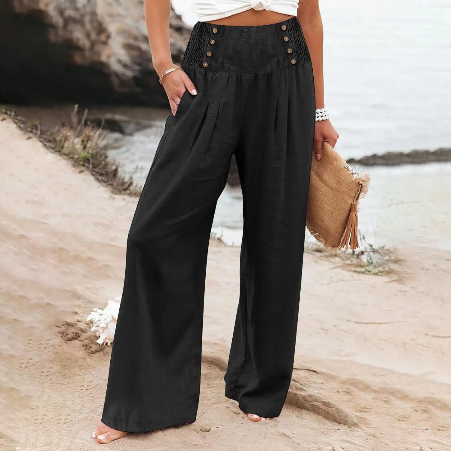 Palazzo Pants For Women Casual Plus Size Trouser Summer Boho Wide Leg Smocked High Waist Casual Loose Lounge Pants