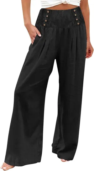 Palazzo Pants For Women Casual Plus Size Trouser Summer Boho Wide Leg Smocked High Waist Casual Loose Lounge Pants