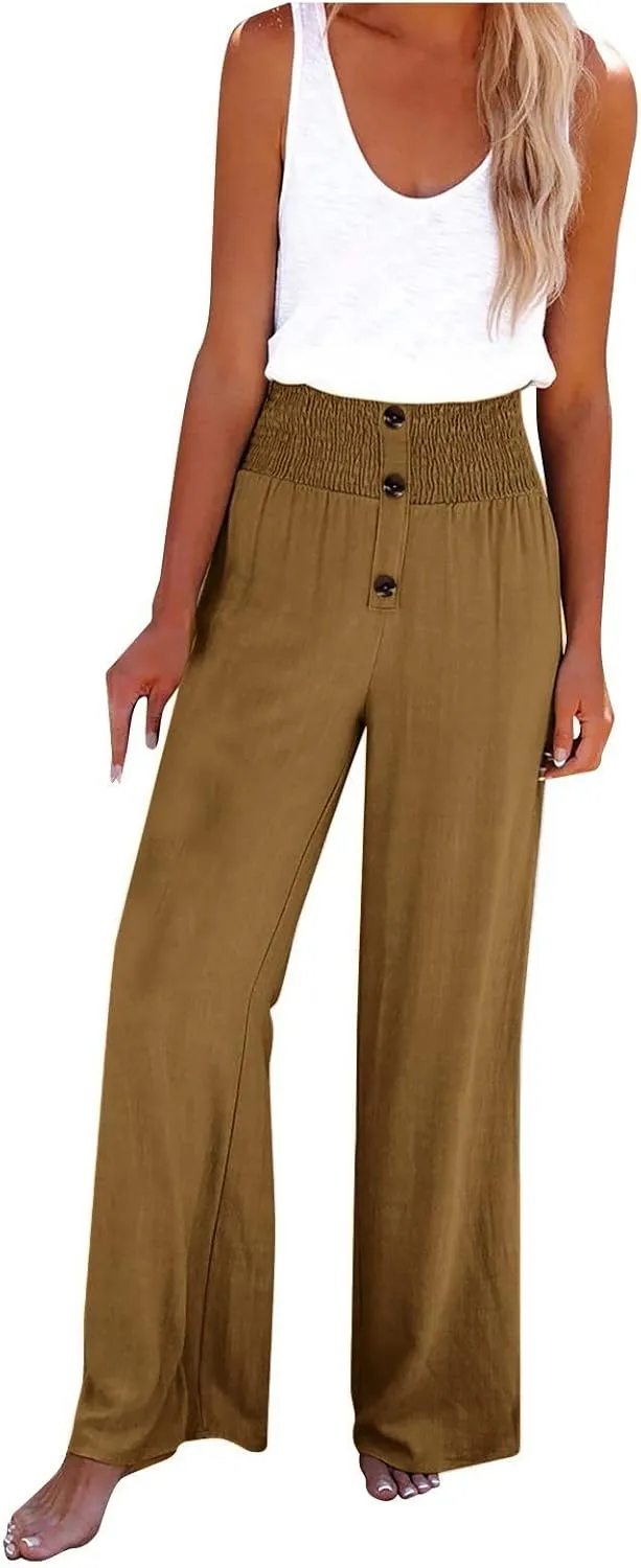 Striped Linen Blend Pants for Women Linen Pants for Women Flowy Wide Leg High Waisted Palazzo Beach Pants Summer