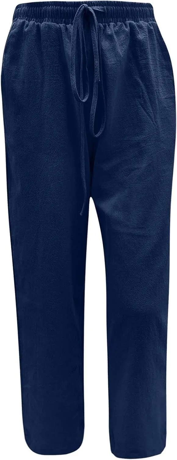 Summer Linen Pants Women Lightweight Wide Leg Palazzo Pants Loose Fit Drawstring Flowy Lounge Trousers with Pockets