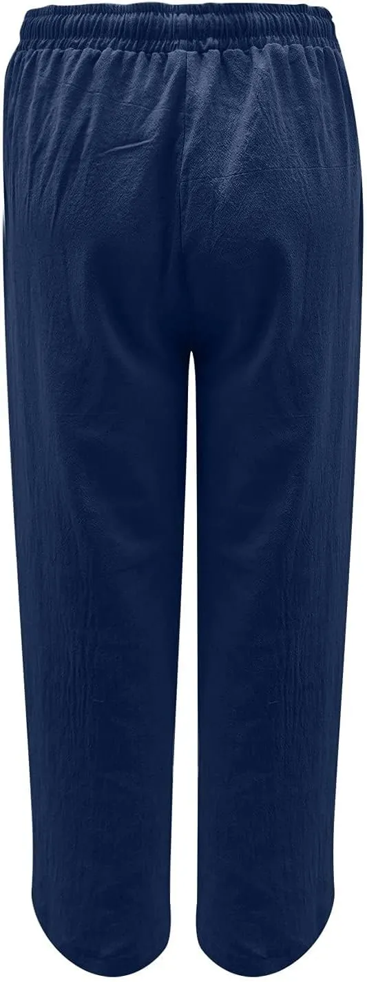 Summer Linen Pants Women Lightweight Wide Leg Palazzo Pants Loose Fit Drawstring Flowy Lounge Trousers with Pockets