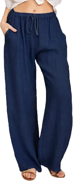Summer Linen Pants Women Lightweight Wide Leg Palazzo Pants Loose Fit Drawstring Flowy Lounge Trousers with Pockets