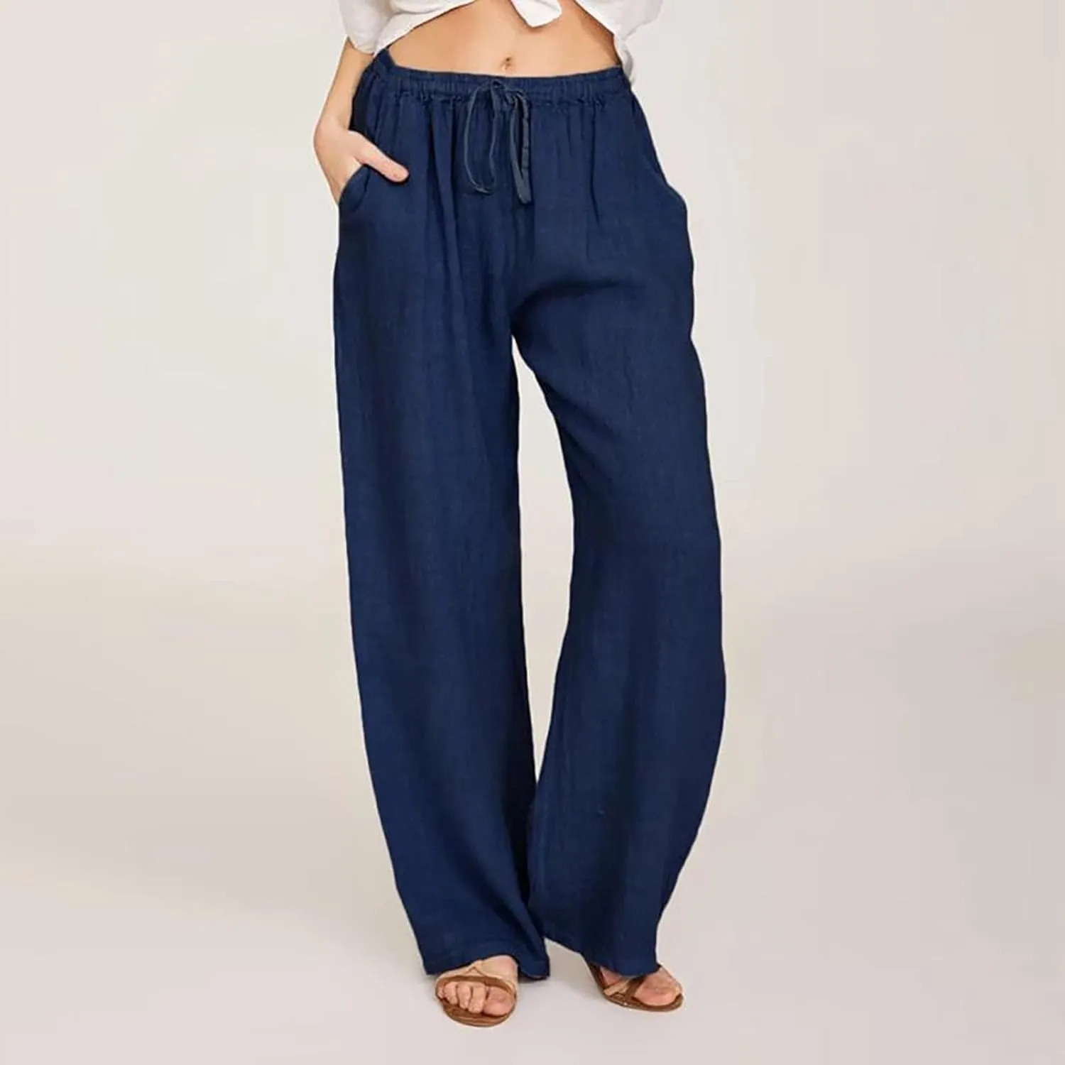 Summer Linen Pants Women Lightweight Wide Leg Palazzo Pants Loose Fit Drawstring Flowy Lounge Trousers with Pockets