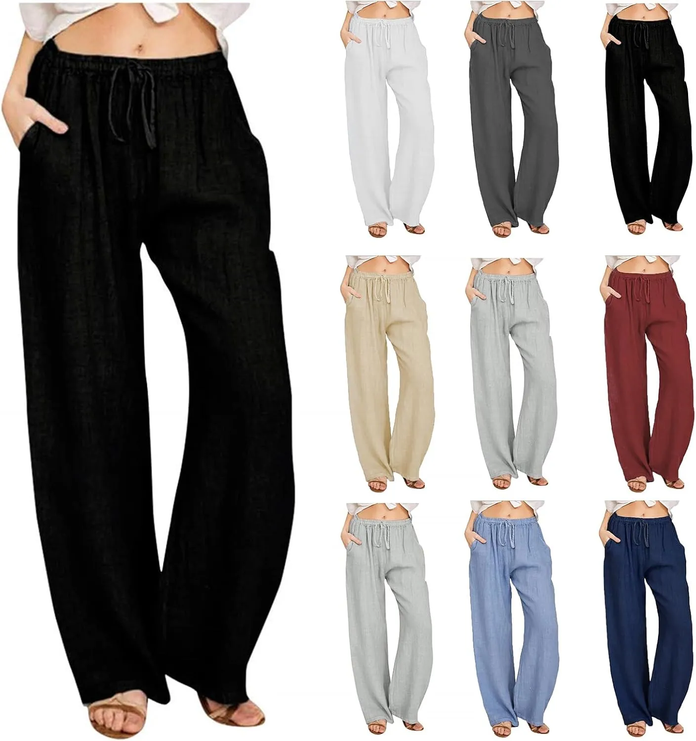 Summer Linen Pants Women Lightweight Wide Leg Palazzo Pants Loose Fit Drawstring Flowy Lounge Trousers with Pockets