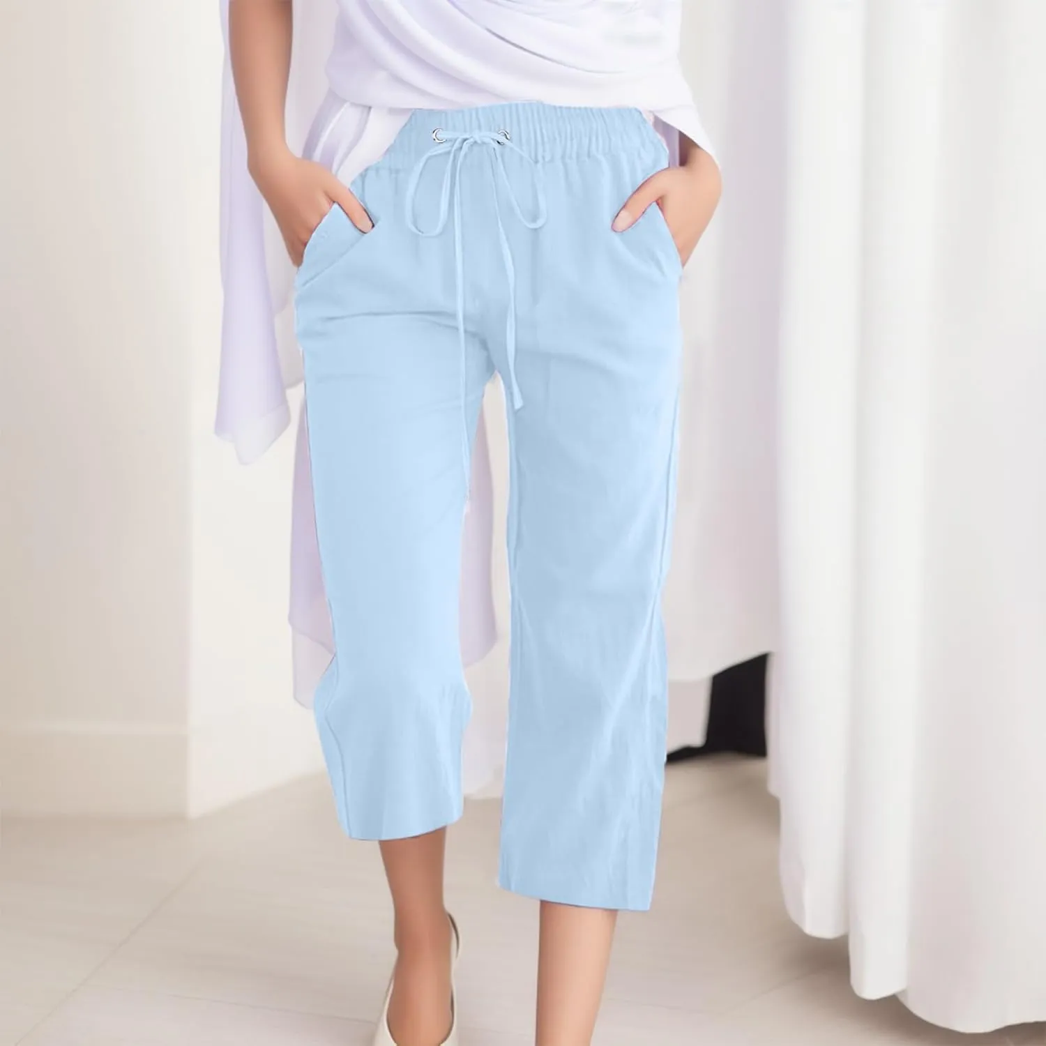 Wide Leg Cropped Pants For Women Pull On Comfy Straight Leg Linen Capris Summer Light Weight Lounge Trousers 2024