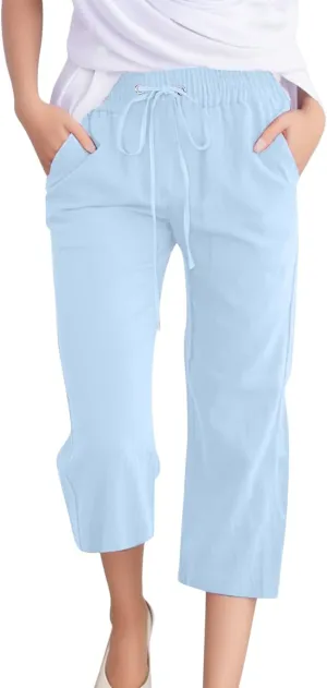 Wide Leg Cropped Pants For Women Pull On Comfy Straight Leg Linen Capris Summer Light Weight Lounge Trousers 2024