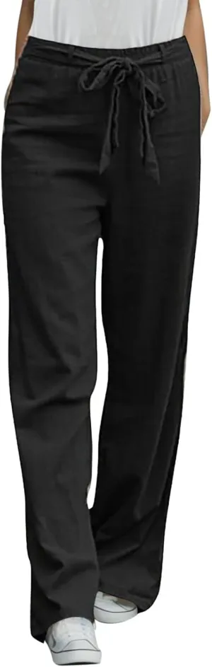 Women Cotton Linen Pants Elastic High Waisted Wide Leg Pants Loose Summer Beach Trousers Pants with Drawstring