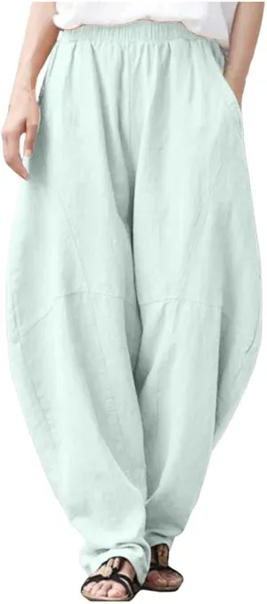 Women Fashion Solid Pocket Casual Loose Pants Spliced High Waist Trousers Wide Leg Pants for Women High Waist