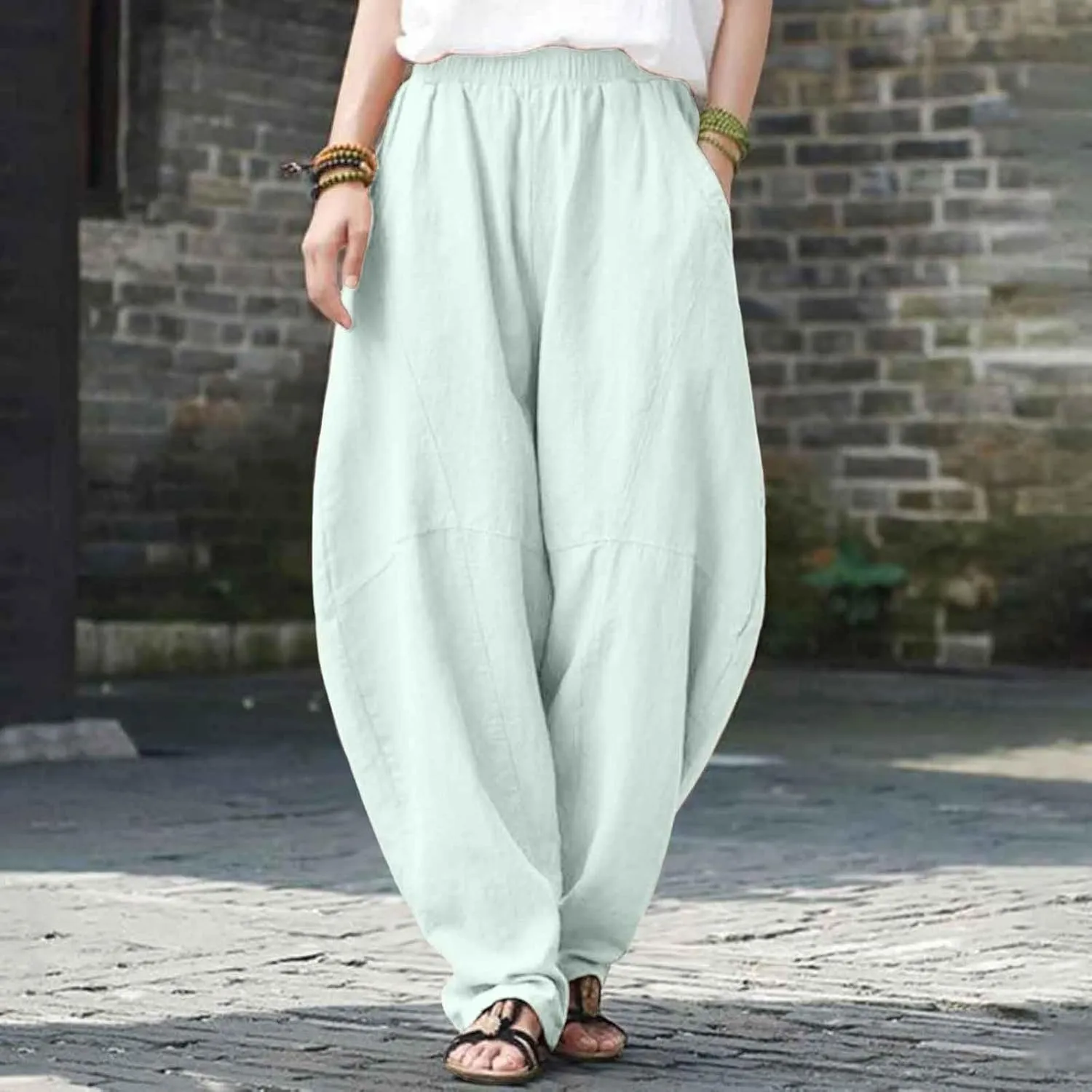 Women Fashion Solid Pocket Casual Loose Pants Spliced High Waist Trousers Wide Leg Pants for Women High Waist