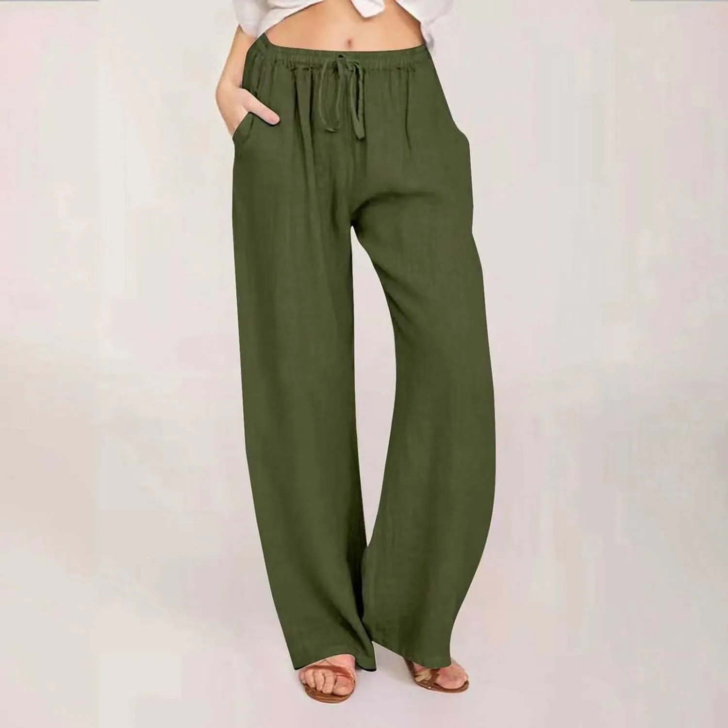 Women Linen Pants Summer Wide Leg Casual Loose Drawstring High Waist Palazzo Pants Trousers with Pockets Women's
