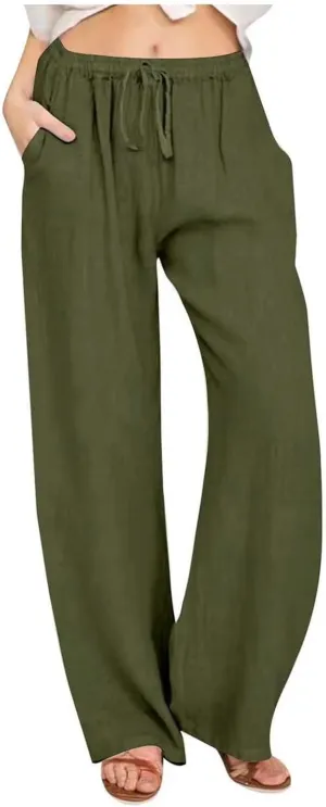 Women Linen Pants Summer Wide Leg Casual Loose Drawstring High Waist Palazzo Pants Trousers with Pockets Women's
