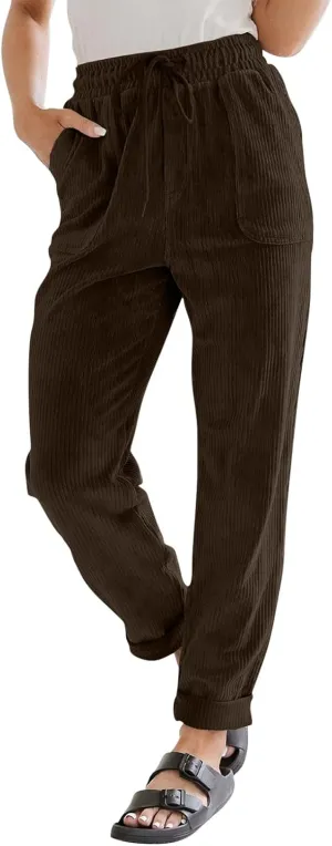 Womens Corduroy Pants Casual Drawstring High Waist Straight Leg Pants Vintage Loose Comfy Pants Trousers with Pockets