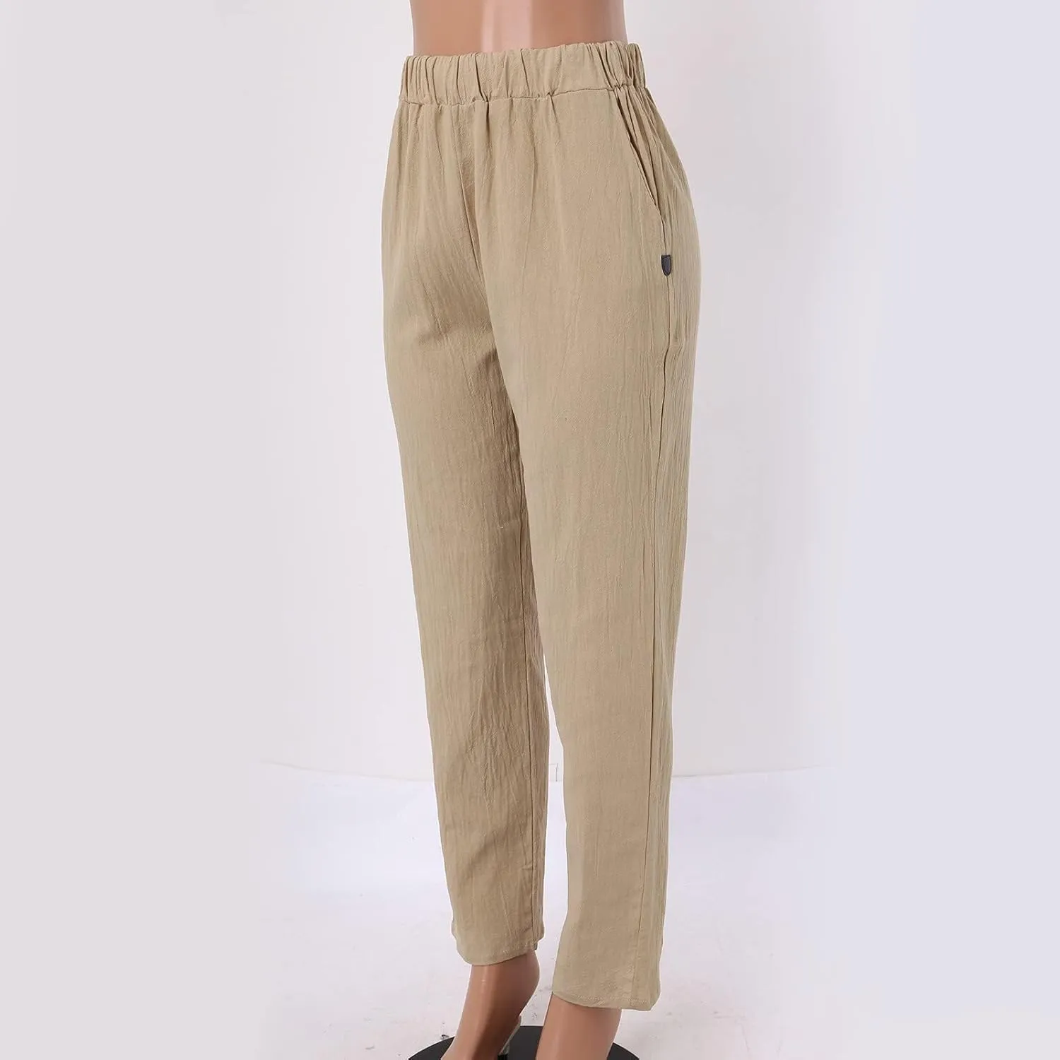 Womens Linen Pants Lightweight Straight Leg Pants Casual Elastic Waist Sweatpants Summer Beach Trousers with Pockets