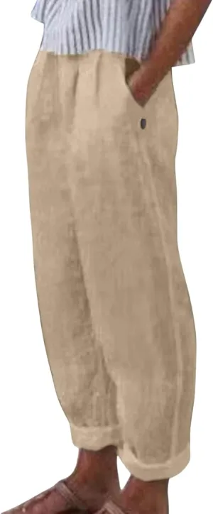 Womens Linen Pants Lightweight Straight Leg Pants Casual Elastic Waist Sweatpants Summer Beach Trousers with Pockets
