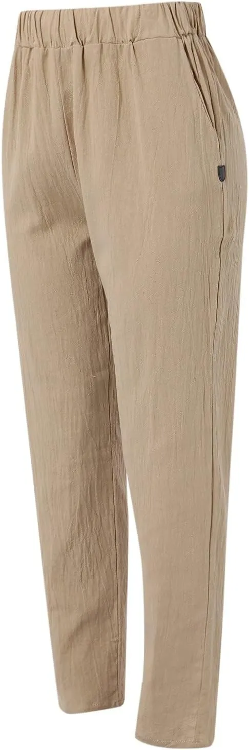 Womens Linen Pants Lightweight Straight Leg Pants Casual Elastic Waist Sweatpants Summer Beach Trousers with Pockets