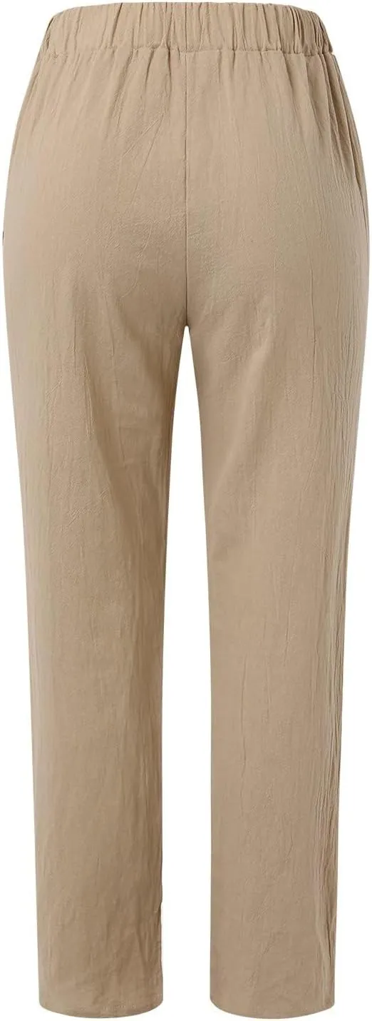 Womens Linen Pants Lightweight Straight Leg Pants Casual Elastic Waist Sweatpants Summer Beach Trousers with Pockets