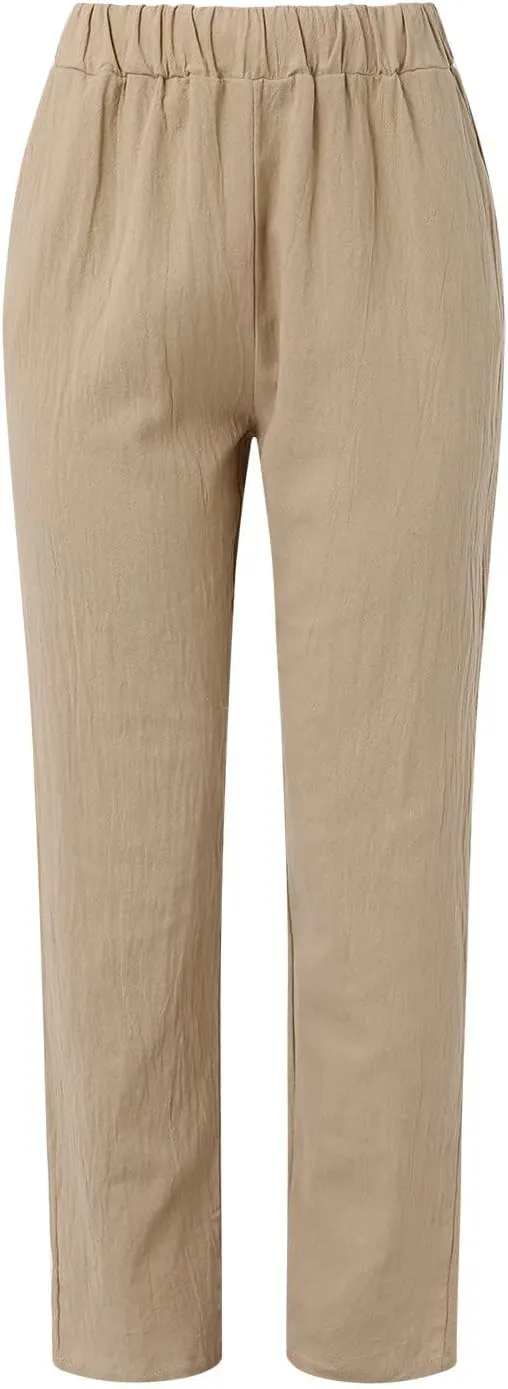 Womens Linen Pants Lightweight Straight Leg Pants Casual Elastic Waist Sweatpants Summer Beach Trousers with Pockets