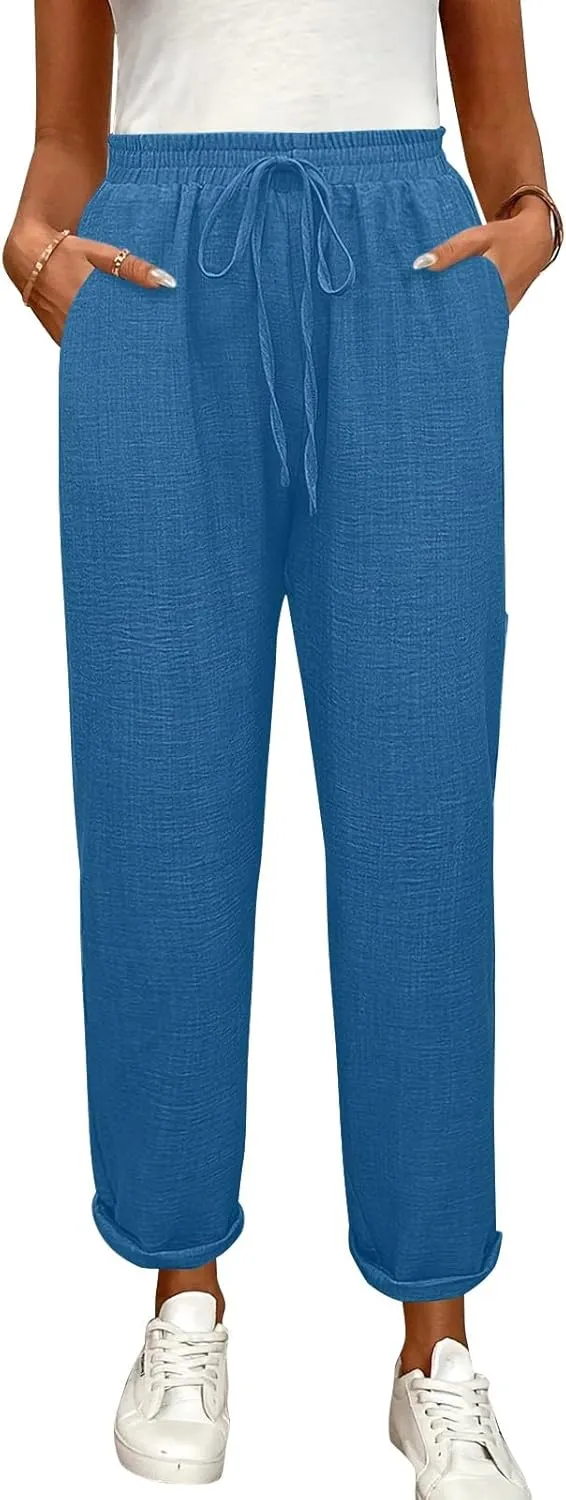 Womens Linen Pants with Pockets Petite Length Drawstring Elastic Waisted Casual Summer Pants 2025