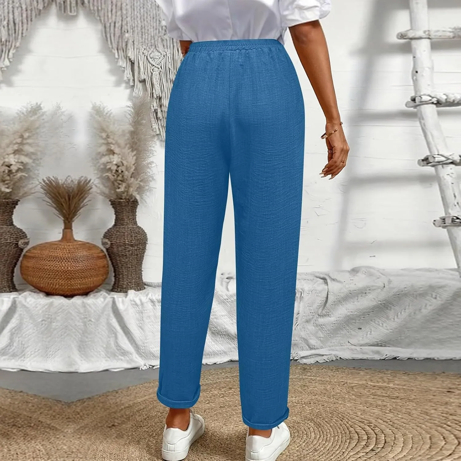 Womens Linen Pants with Pockets Petite Length Drawstring Elastic Waisted Casual Summer Pants 2025