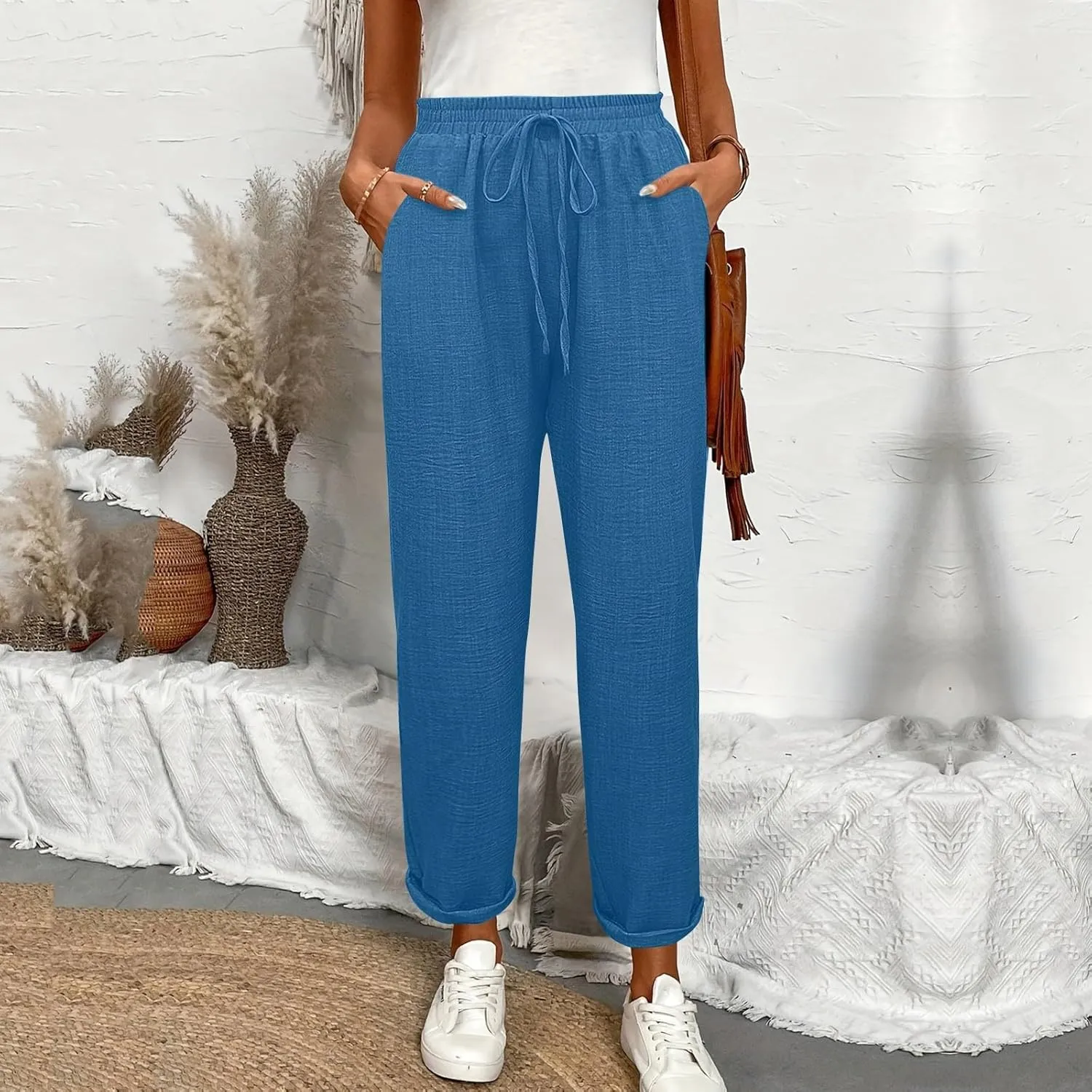 Womens Linen Pants with Pockets Petite Length Drawstring Elastic Waisted Casual Summer Pants 2025