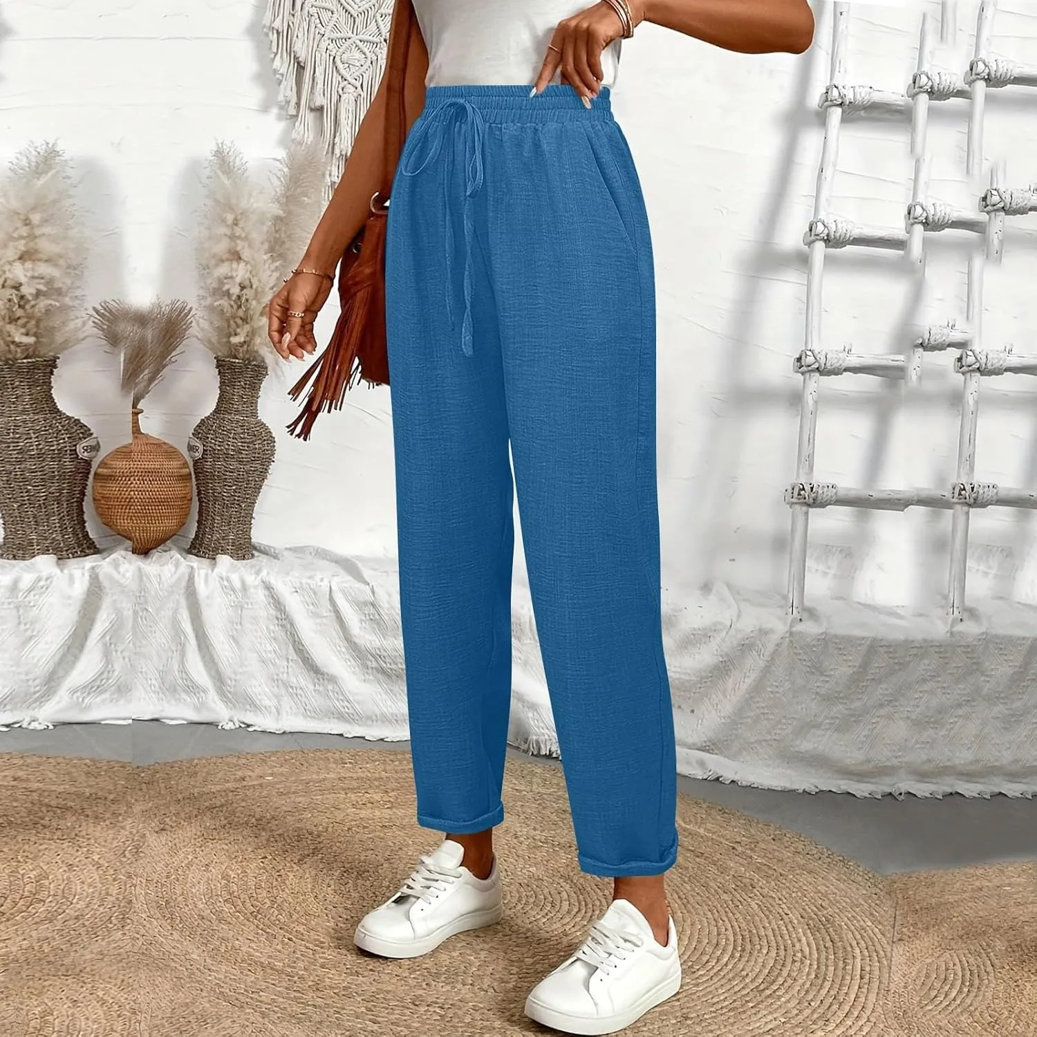 Womens Linen Pants with Pockets Petite Length Drawstring Elastic Waisted Casual Summer Pants 2025