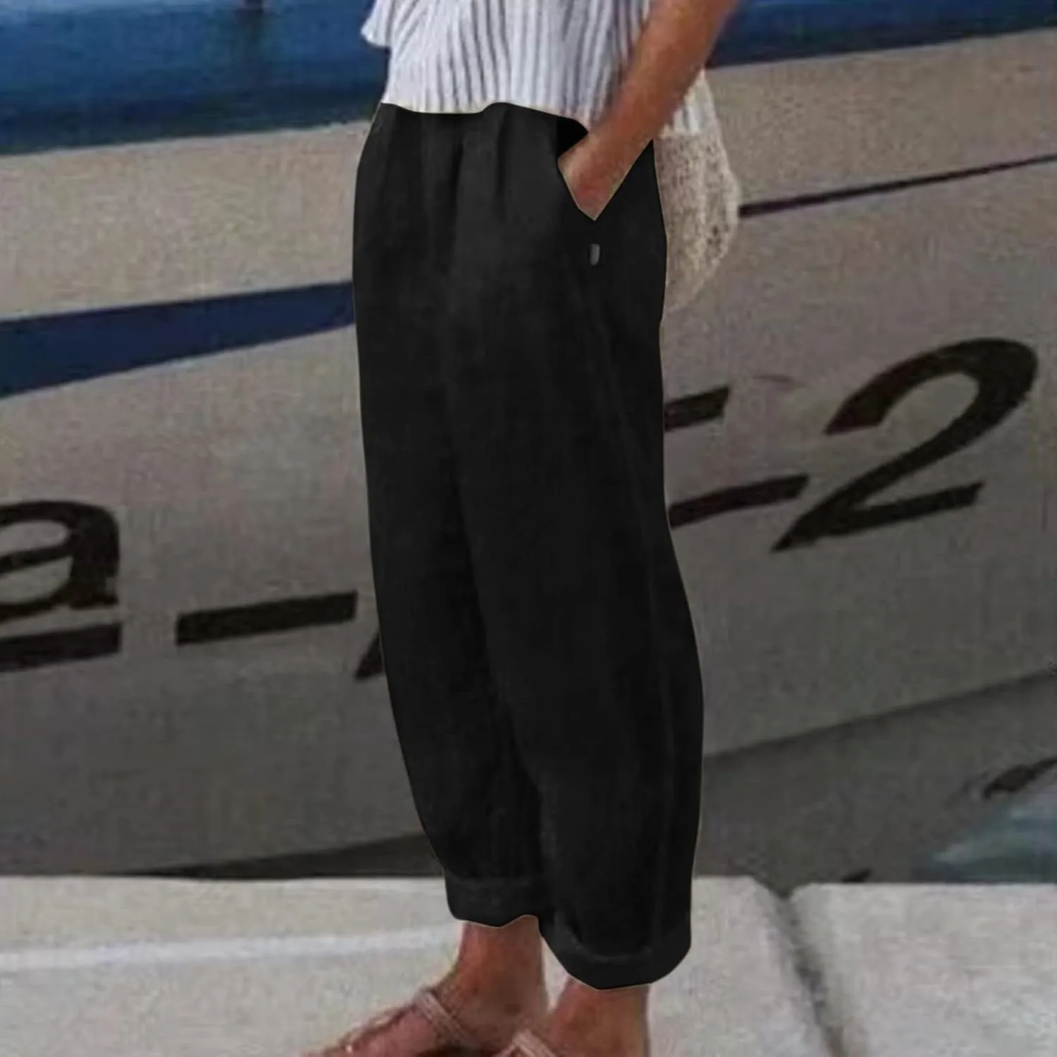 Womens Linen Pants with Pockets Straight Leg Loose Elastic High Waist Trousers Summer Casual Beach Pant Office Slacks