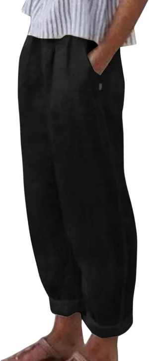 Womens Linen Pants with Pockets Straight Leg Loose Elastic High Waist Trousers Summer Casual Beach Pant Office Slacks