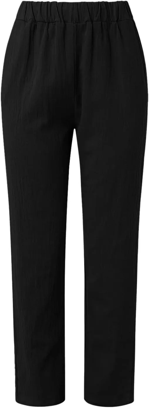 Womens Linen Pants with Pockets Straight Leg Loose Elastic High Waist Trousers Summer Casual Beach Pant Office Slacks