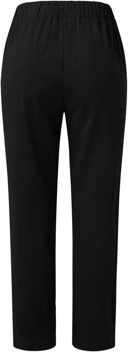 Womens Linen Pants with Pockets Straight Leg Loose Elastic High Waist Trousers Summer Casual Beach Pant Office Slacks